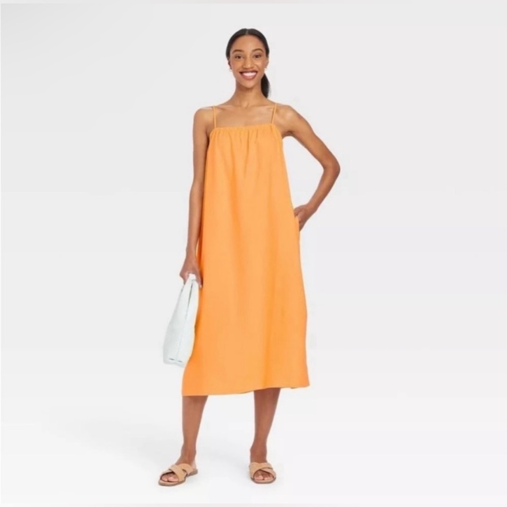 A New Day Orange Pocketed Linen Midi Dress (size M)